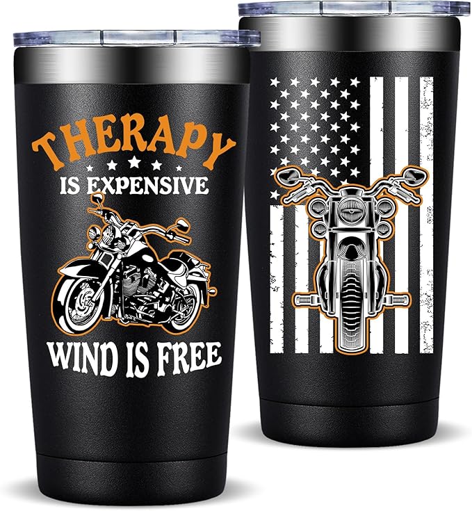Fufandi Motorcycle Gifts for Men - Therapy Is Expensive Wind Is Free Motorcycle Gifts Tumbler - Christmas Fathers Day Gift for Motorcycle Lovers, Dad, Boyfriend - Tumbler Cup 20oz