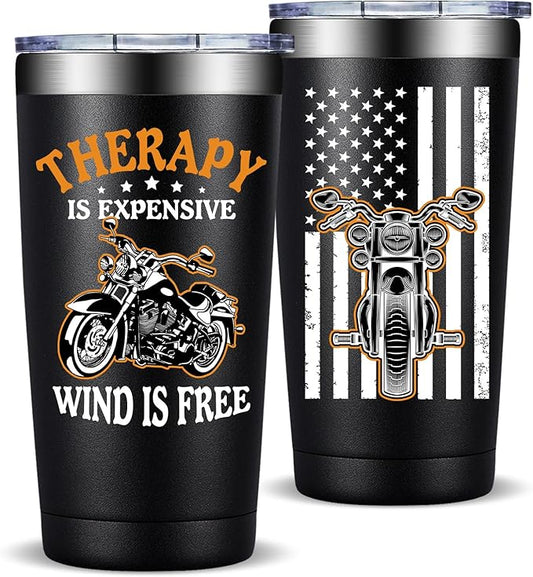 Fufandi Motorcycle Gifts for Men - Therapy Is Expensive Wind Is Free Motorcycle Gifts Tumbler - Christmas Fathers Day Gift for Motorcycle Lovers, Dad, Boyfriend - Tumbler Cup 20oz