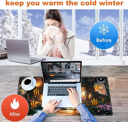 Small Heated Desk Pad 23.6" x 14.2" – Compact Electric Mouse Pad with 3 Heating Levels, Auto Shut-Off, Waterproof PU Surface, Plug-in Warmer for Office or Home Use, Glowing Forest