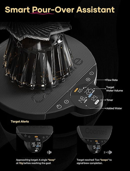 Cocinare Balance Lite Coffee Scale with Timer, 3kg/0.1g Precision Digital Scale for Pour-Over, Espresso & Drip, 3 Brewing Modes (Assist, Weigh, Competition), Adjustable Ratios & Flow Rate, Black
