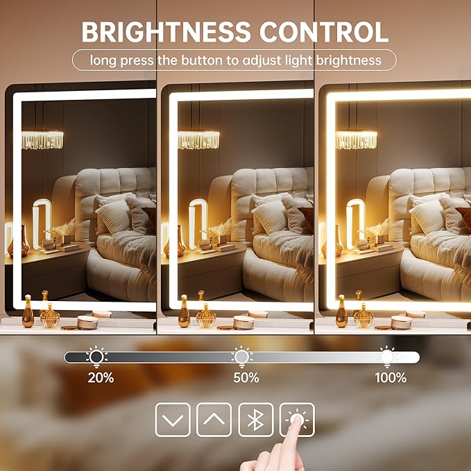 Hasipu Vanity Mirror with Lights and Bluetooth Speaker, 50.2" x 33.9" LED Makeup Mirror, Lighted Makeup Mirror with Dimmable 3 Modes, Touch Screen Control Vanity Mirror Round White