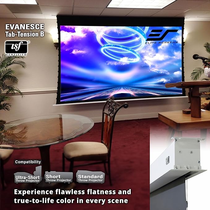 Elite Screens Evanesce Tab-Tension B, 92-inch 16:9, 4K / 8K HD, Recessed in-Ceiling Electric Tab Tensioned Projector Screen, Matte White Projection Screen Surface Programmed Remote Kit, ETB92HW3-E12