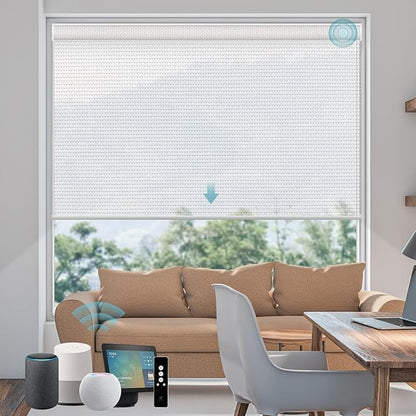 SmartWings Motorized Smart Blinds for Windows in Light Filtering, Electric Remote Roller Shades Compatible with Alexa/Google Home/Homekit, Custom Up to 110”W x 148”H, 5% Openness Aventus Ice