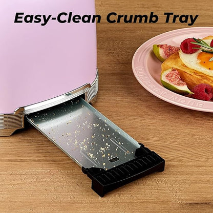 Toaster 2 Slice Retro Stainless Steel with 1.5” Extra Wide Slots Bagel, Defrost, Reheat, Cancel Functions, 6 Bread Shade Settings, Removable Crumb Tray, Pastel Pink