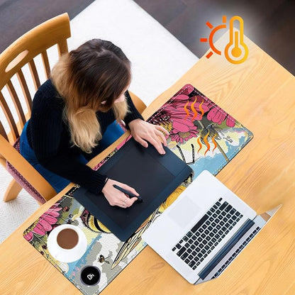 Heated Mouse Pad, Warm Desk Pad, Keyboard Mat 31.5 x 13 Inch Large Size Intelligent Fast Heating, 3 Speed Adjustable, Timed Auto Power Off for Game Office Home,Bees Collect Honey