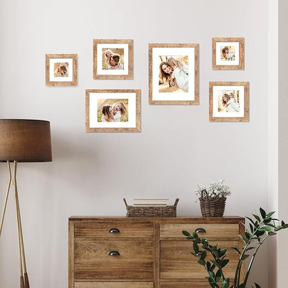 iRahmen 10x10 Picture Frame Set of 4 with Real Glass, Rustic Brown Frames Display 8x8 Picture with Mat or 10 x 10 Without Mat, Wooden Square Photo Frame for Wall Mount and Tabletop Display