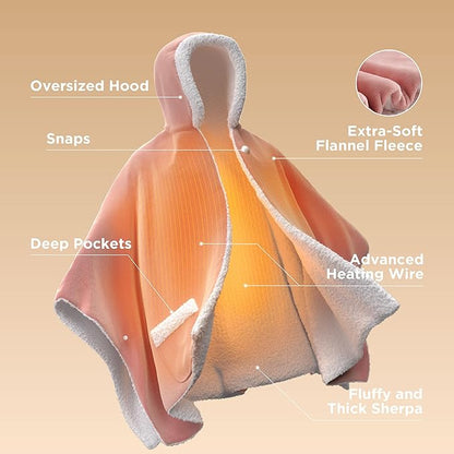 Bedsure Heated Blanket Wearable Shawl - Electric Wrap Poncho Blanket Hoodie for Adult, Winter Gifts for Mom Women Girlfriend, Warm Sherpa Heating Throw, Auto Shut Off, 55x64 inches, Pink