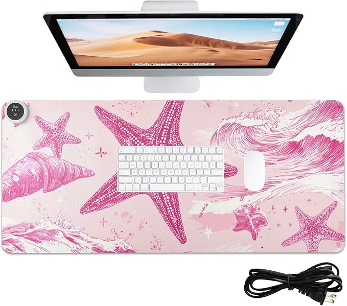 Heated Desk Pad Mouse Pad 31.5x13 Inch PU Leather Desk Mat with 3 Heat Levels Large Mouse Gaming Computer Laptop Mat Bright Pink Starfish Waves Shells