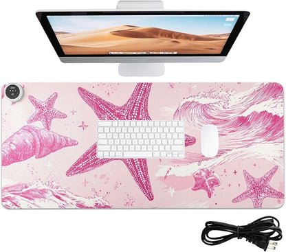 Heated Desk Pad Mouse Pad 31.5x13 Inch PU Leather Desk Mat with 3 Heat Levels Large Mouse Gaming Computer Laptop Mat Bright Pink Starfish Waves Shells
