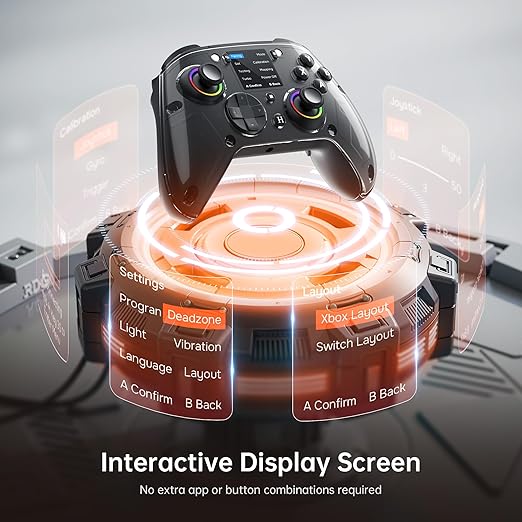 GUSGU G7 Wireless Gaming Controller with Interactive Screen, 1000Hz Polling Rate, Hall Joysticks & Triggers, 4 Programmable Buttons, Compatible with PC, Switch1, PS4, iOS, Android, Black