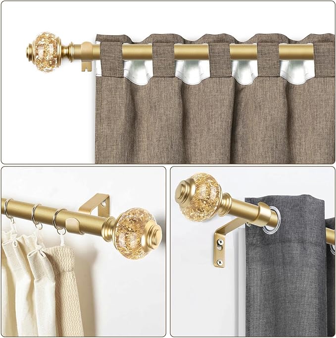 1 Inch Gold Curtain Rods for Windows 72 to 144 Inches (6 to 12 ft), USFOOK Telescoping Single Drapery Rod, Decorative Curtain Rod with Luxury Translucent Finials