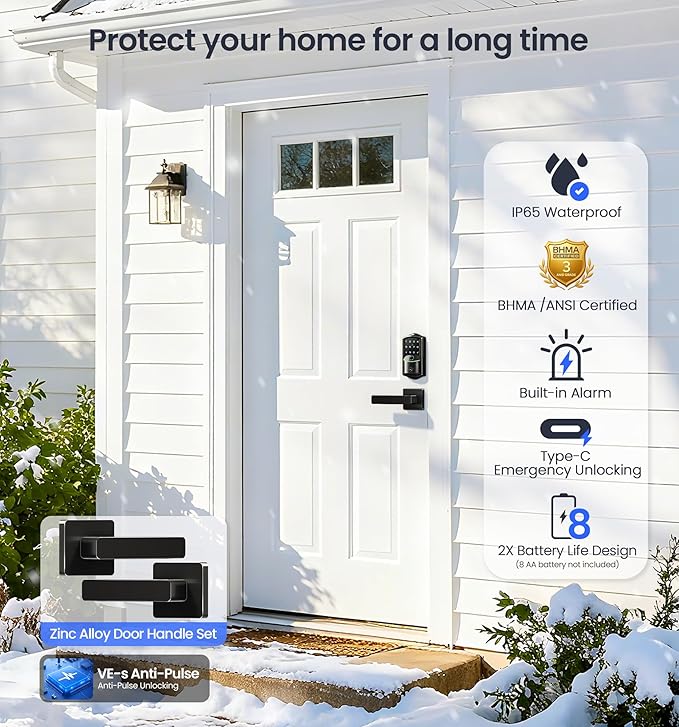 Veise VE027-L Built-in WiFi Smart Door Lock with Lever Handle Set, Fingerprint keyless Entry Door Lock, App Remote Control, Electronic Digital Keypad Deadbolt for Front Door, Auto Lock, Matte Black