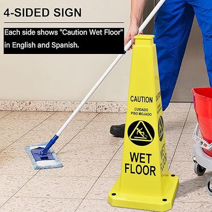 OrangeStar 6-Pack 28" Wet Floor Caution Cones, Yellow 4-Sided Bilingual Warning Message Safety Traffic Cones with Heavy Rubber Base for Indoor/Outdoor Use