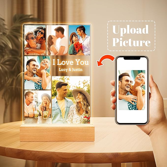 Custom Picture Frames with Photo, Personalized Photo Frame with Night Light, Customized Picture Frame, Personalized Anniversary Valentines Day Gifts for Women Men Her Him Girlfriend Boyfriend Couple