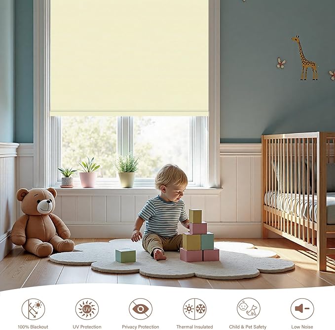 Motorized Roller Blinds with Remote, 100% Blackout Automatic Roller Shades for Bedroom, Bathroom, and Living Room, Customized Size, Creamy White