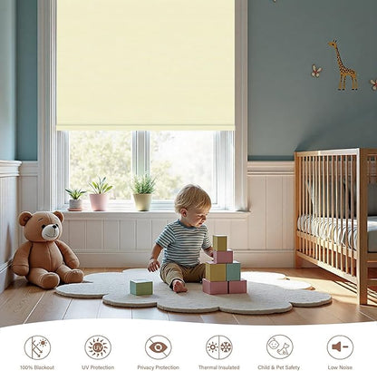 Motorized Roller Blinds with Remote, 100% Blackout Automatic Roller Shades for Bedroom, Bathroom, and Living Room, Customized Size, Creamy White
