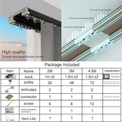 Double Row Ceiling Curtain Track - Ceiling Mounted Curtain Double Rails for Drapes, Room Dividers - Black, 4.5M