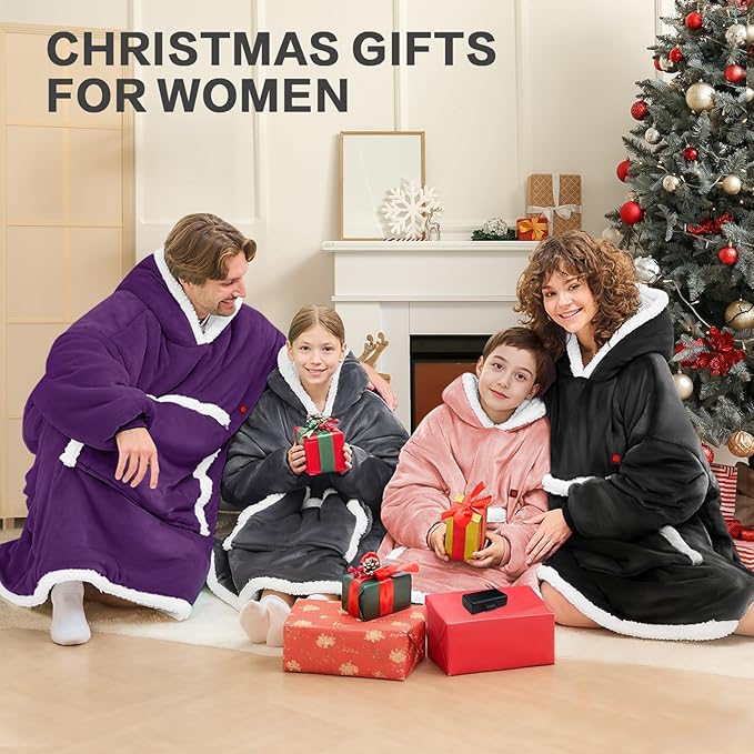 JOYWOO Purple Wearable Heated Blanket Hoodie,Oversized Cordless Portable Heating Hooded Blanket Cat Lovers,Christmas Gifts for Women,Mom,Grandma,Electric Blankets Throw for Adult Outdoor,Dark Purple