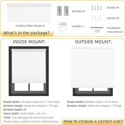 ChrisDowa Cordless Blackout Roller Shades for Windows, Thermal Insulated UV Protection Pull Down Shades, Total Blackout Window Blinds for Home, Office, Bedroom, Door (21" W x 72" H, White)