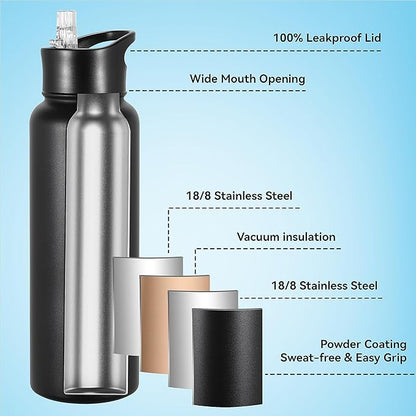 VEGOND 40 oz Insulated Water Bottle Bulk Stainless Steel Metal Water Bottles with Leak Proof Straw Lid & Spout Lid, Wide Mouth Double Walled Vacuum Travel Sports Bottle, 4 Pack