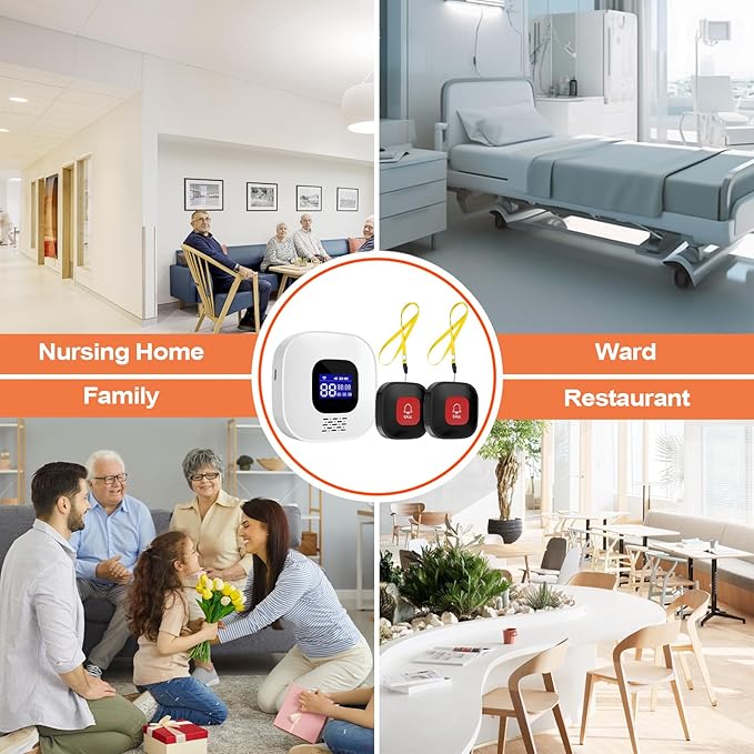 Wireless Caregiver Pager with Smart Call System & Call Buttons for Elderly Monitoring, Life Alert System for Seniors, 2 SOS Panic Button 1 Receiver
