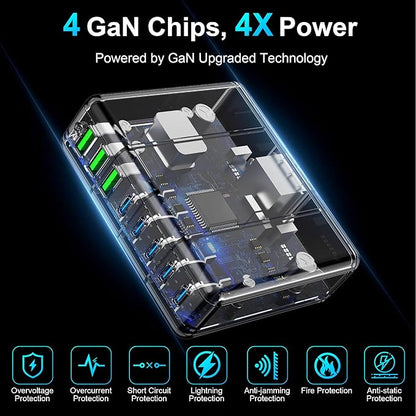 USB C Charger Block, 525W 8-Port GaN Fast Charging Station Hub with 100W Cable, Dual PD 100W Multi-Device USB C Wall Charger Adapter for iPhone 17 16 15, MacBook, Laptop, iPad, Samsung Galaxy and More
