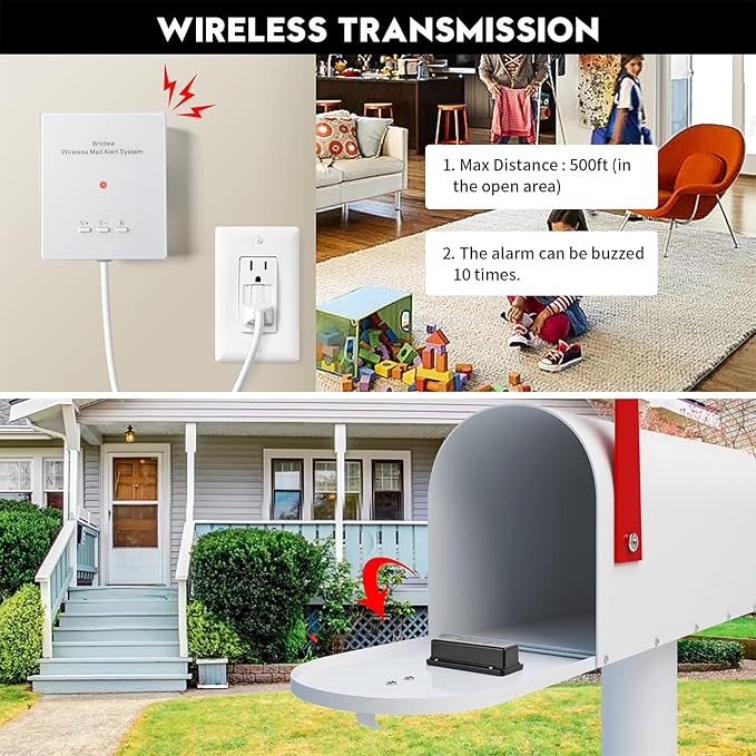 Mailbox Alarm, Briidea 500ft Wireless Mailbox Alert with LED Light Flashing and Sound Reminders