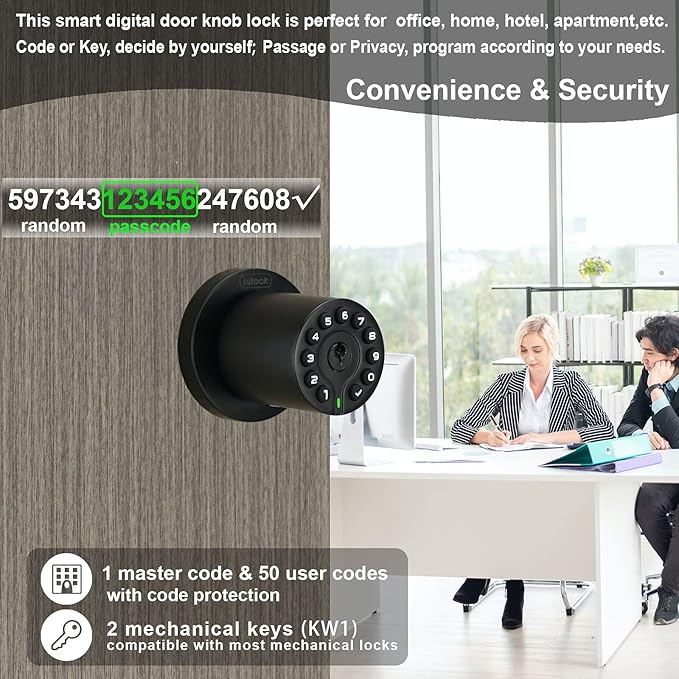 IU-20 Code Door Lock, Electronic Door Knob with Keypad and Key, Auto Lock, Waterproof, Passage Function, Long Battery Life,50 Codes, Easy to use and Install for Office/Warehouse/Bedroom/Garage
