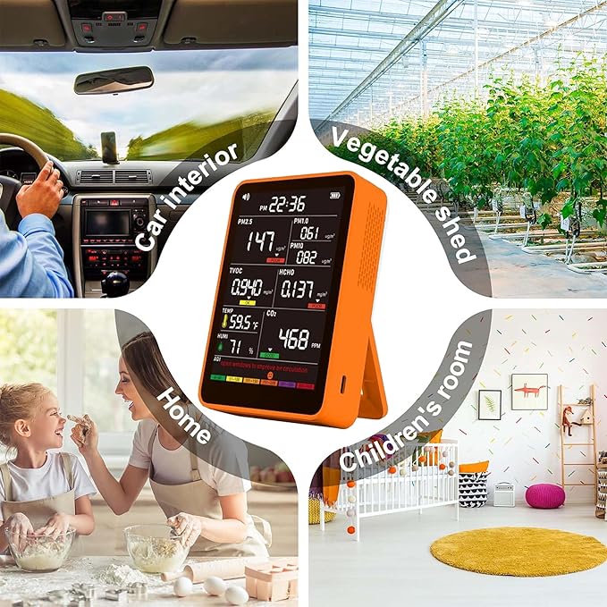 Professional Indoor Air Quality Monitor with AQI, Portable Real-Time Detector for Home Cars Plants and Pets (Orange)