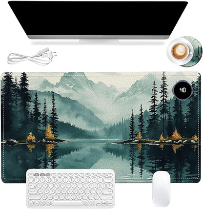 Heated Mouse Pad 23.6 x 14 in 3-Temp Fast Heating Desk Mat with Auto Timer Warmer for Hands Wrist Pain Relief Waterproof Keyboard Mat for Office, Gaming, Home, Forest Reflections
