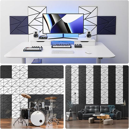 12 pack Acoustic Panels With Self-Adhesive, 12"X 12"X 0.4"Sound Proof Foam Panels, Sound Panels High Density, Soundproof Wall Panels for Home Studio Office- BlackBase + WhiteFace V1