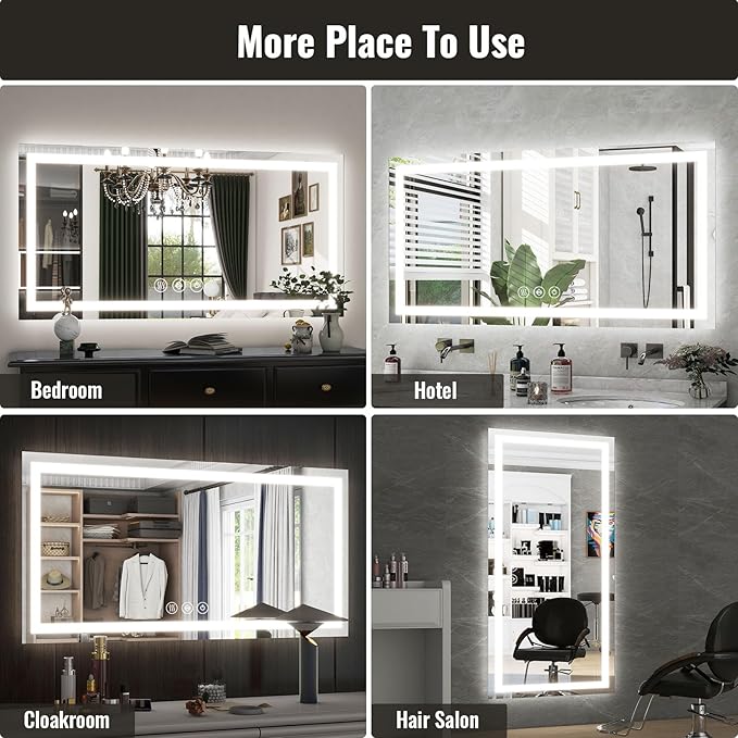 LED Bathroom Mirror, 30x55 Inch White Framed Gradient Front and Backlit Vanity Mirror, Anti-Fog, Dimmable, Wall Mounted Horizontal/Vertical Lighted Mirror