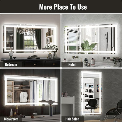 LED Bathroom Mirror, 30x55 Inch White Framed Gradient Front and Backlit Vanity Mirror, Anti-Fog, Dimmable, Wall Mounted Horizontal/Vertical Lighted Mirror
