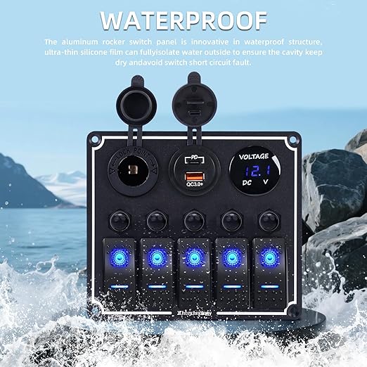5 Gang Marine Boat Switch Panel with Dual USB Charger & Voltmeter, Waterproof Aluminum Rocker Switch Panel for Marine Automotive Truck RV Trailer with Lighter Socket Press Protector, 12/24V Black