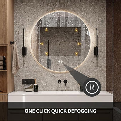 Round LED Bathroom Mirror with Light, Backlit Mirror for Bathroom, Frameless LED Smart Vanity Mirror with 3 Color Lights, Anti-Fog, Smart Touch Button, Shatter-Proof, IP65, 90+ CRI (24" L x 24" W)