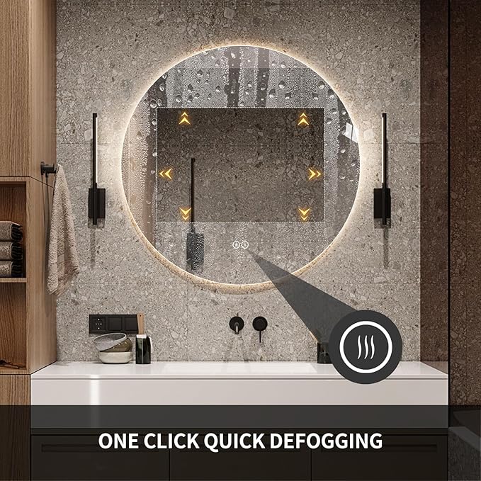 Round LED Bathroom Mirror with Light, Backlit Mirror for Bathroom, Frameless LED Smart Vanity Mirror with 3 Color Lights, Anti-Fog, Smart Touch Button, Shatter-Proof, IP65, 90+ CRI (32" L x 32" W)