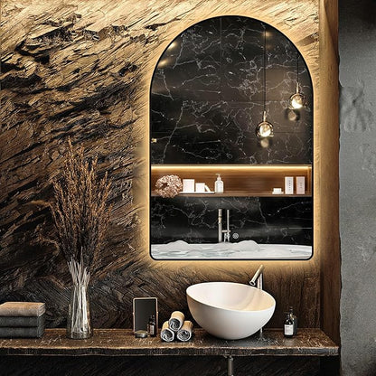 Niccy Arched LED Lighted Bathroom Mirror, 32x20 Inch Backlit Vanity Bathroom Mirror with Lights Brushed Black Framed Wall Mounted Mirrors with 3 Color Shatterproof Arch Smart Fog Free Mirror