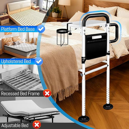 Bed Rails for Elderly Adults Safety with Foldable Tray, Adjustable Bed Assist Rails for Seniors with Motion Sensor Light & Cup Holder, ASTM Approved Bed Cane Bed Rail with 2 Handles & Pocket