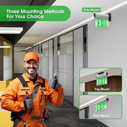Led Edge-Lit Exit Sign ,Brushed Aluminum Housing Double-Sided Mirrored Rotating Acrylic Panel,Hardwired Emergency Exit Signs with Battery Backup, 120V-347VAC,Green Led Emergency Exit Light for Business , UL Listed,Top/Side/Wall Mount ( 1 Pack)