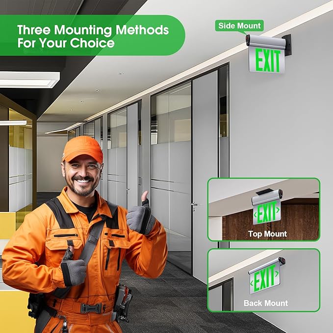Led Edge-Lit Exit Sign ,Brushed Aluminum Housing Double-Sided Mirrored Rotating Acrylic Panel,Hardwired Emergency Exit Signs with Battery Backup, 120V-347VAC,Green Led Emergency Exit Light for Business , UL Listed,Top/Side/Wall Mount(2 Pack)