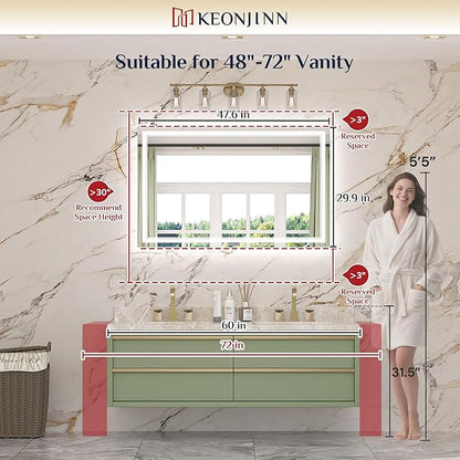 Keonjinn 48" x 30" Lighted Bathroom Mirror, Frontlit & Backlit Frameless LED Mirror, HD Tempered Glass, Quick Defogging, 3 Color Lights, Dimmable, UL-Listed LED Driver, Wall-Mounted Vanity Mirror