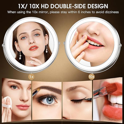 Wall Mounted Lighted Makeup Mirror, 8" Rechargeable Double-Sided Light up Magnifying Mirror 1x/10x, 3 Color Led Vanity Mirror with Lights, Touch Dimmable 360° Rotation Foldable-Nickel