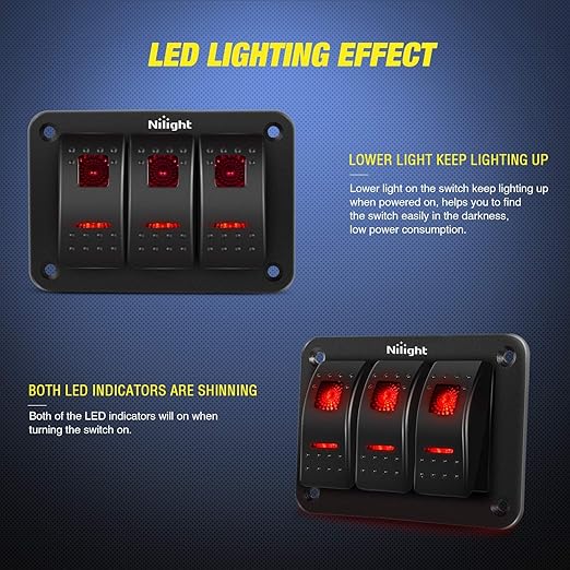 Nilight - 90019C 3 Gang Aluminum Rocker Switch Panel Toggle Dash 5 Pin ON/Off Pre-Wired Rocker Switch Red Backlit Switch for Automotive Car Marine Boat RV,2 Years Warranty