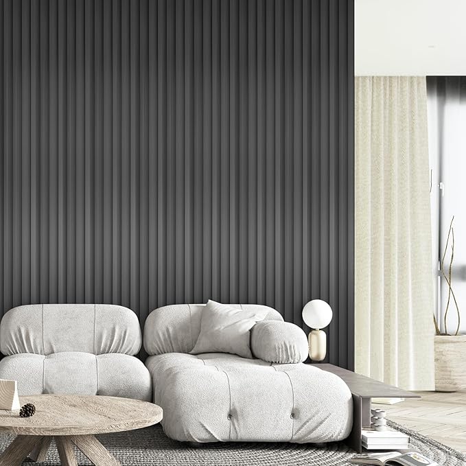 OUZUGIE WPC Acoustic Slat Wall Paneling, 8-Pack 96 x 6 Inches 3D Wall Panels for Interior Wall Decor,Living Room,TV Background,Study Room,Non-Metal Laths,High Grille (Metallic Dark Gray)