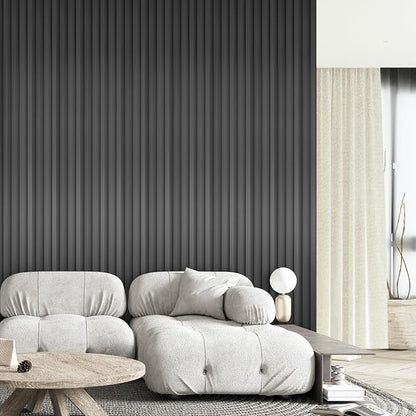 OUZUGIE WPC Acoustic Slat Wall Paneling, 8-Pack 96 x 6 Inches 3D Wall Panels for Interior Wall Decor,Living Room,TV Background,Study Room,Non-Metal Laths,High Grille (Metallic Dark Gray)
