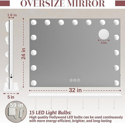 ROLOVE 32"x24" Hollywood Vanity Mirror with Lights, 18 Dimmable LED Bulbs, 3 Color Modes, 10X Magnification, USB Charging Port, Tabletop or Wall-Mounted