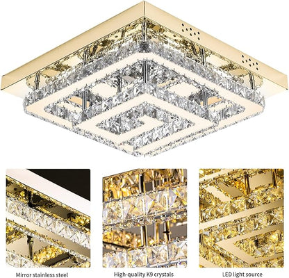 25" Modern Gold Crystal Chandelier with Remote/APP Control, Dimmable Flush Mount Ceiling Light Fixture, 3-Color Temperature,Led Ceiling Lamp for LivingRoom Bedroom Kitchen DiningRoom Entryway