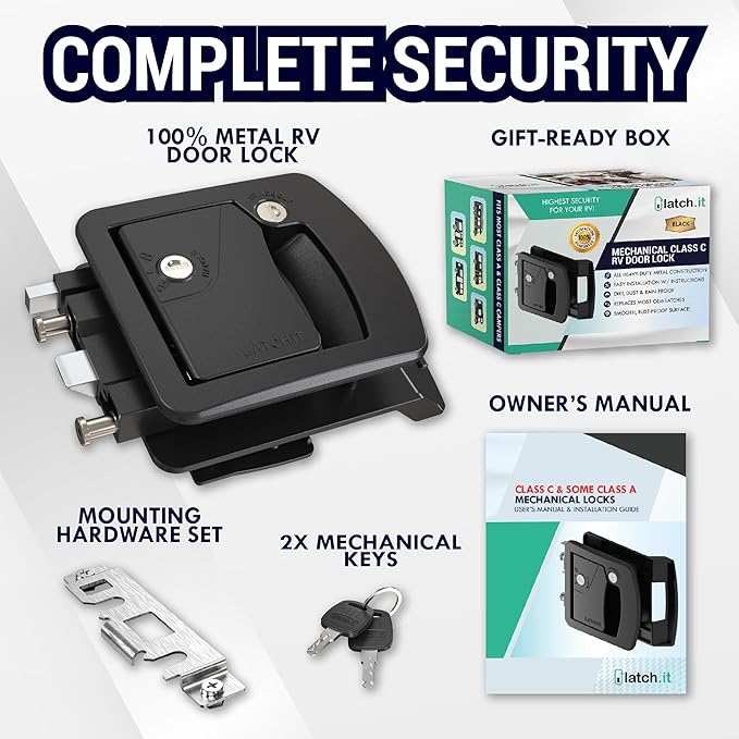 LATCH.IT RV Door Lock Replacement | Class C Camper Door Latch Fits 3.50" x 4.50" Lock Holes | 100% Metal RV Door Latch Replacement | RV Latch | Camper Door Locks with 2 High-Security Keys Included