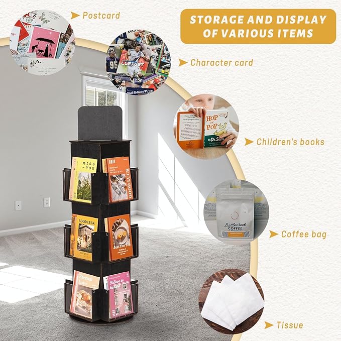 Natheeph Rotating Display Stand Greeting Card Display Wooden Display Rack with Two Card Sticker for Greeting Card Vendor Coffee Bag 3 Tier Tabletop Display Stand (Ebony)