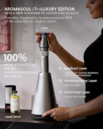 Waterless Scent Diffuser Starter Kit - 1500 Sq Ft Coverage, Alloy Atomization System,Mood Light,Smart Rechargeable Hotel Scent Diffuser, Including 120ml Essential Oil, for Home,Large Room,Spa,Silver